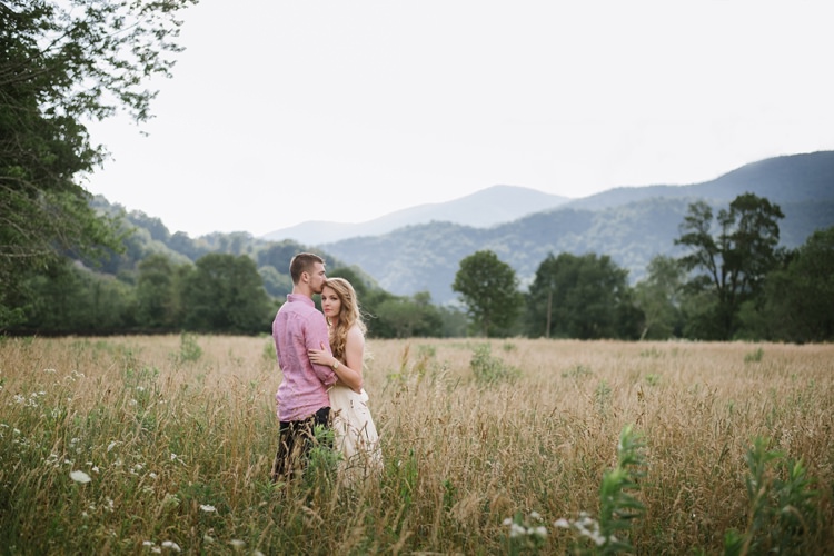 Bride Chiffon Bridal Gown Loose Curls Gold Watch Groom Pink Shirt Field Trees Rustic Woodsy Wedding North Carolina http://abbyleighanne.com/