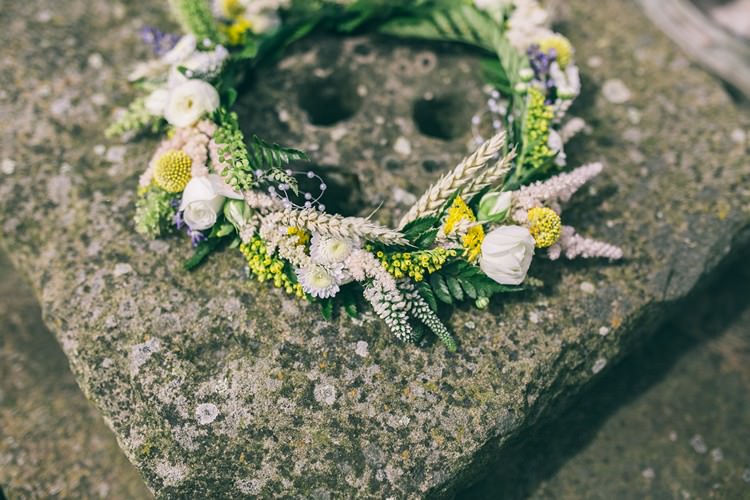 Yellow White Flower Crown Wheat Bohemian Home Made Farm Wedding http://www.jessyarwood.co.uk/