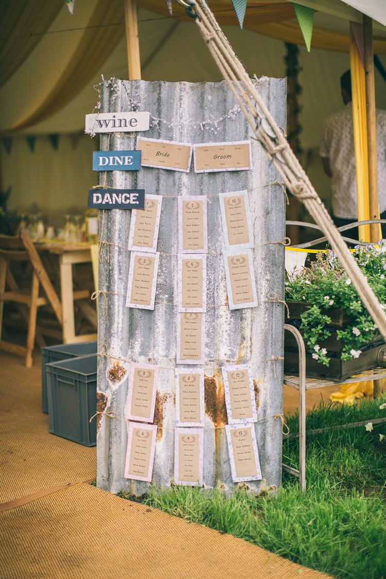 Corrugated Roof Metal Table Seating Plan Rustic Bohemian Home Made Farm Wedding http://www.jessyarwood.co.uk/