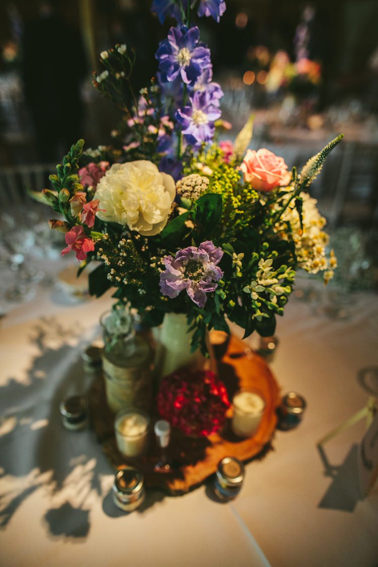 Flowers Jug Centrepiece Decor Tables Log Whimsical Floral Lodge Wedding http://www.hdmphotography.co.uk/