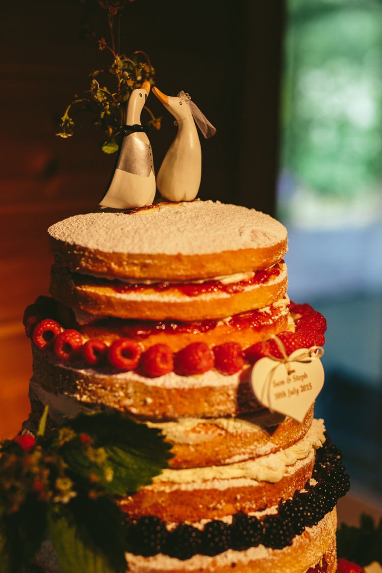 Naked Cake Sponge Layer Fruit Berries Cream Duck Toppers Whimsical Floral Lodge Wedding http://www.hdmphotography.co.uk/