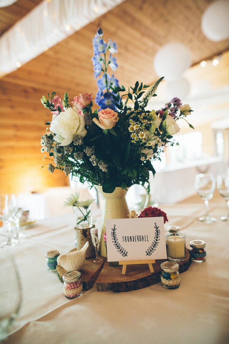 Flowers Log Centrepiece Jug Decor Table Wild Natural Summer Whimsical Floral Lodge Wedding http://www.hdmphotography.co.uk/