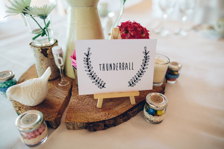 James Bond Table Names Whimsical Floral Lodge Wedding http://www.hdmphotography.co.uk/