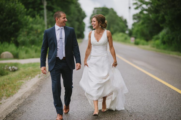 Bride Lace V Neck Bridal Gown Veil Groom Navy Suit Light Blue Tie Tan Shoes Trees Road Romantic Fresh Outdoor Wedding Ontario http://www.rebeccabose.com/