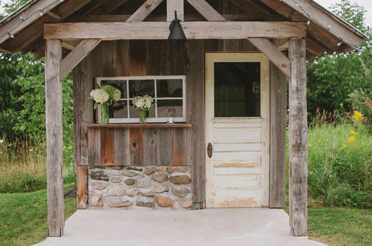 Rustic Wooden Stone Hut White Hydrangeas Glass Vase Romantic Fresh Outdoor Wedding Ontario http://www.rebeccabose.com/