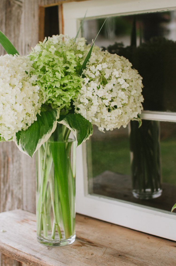 White Hydrangea Glass Vase Florals Romantic Fresh Outdoor Wedding Ontario http://www.rebeccabose.com/