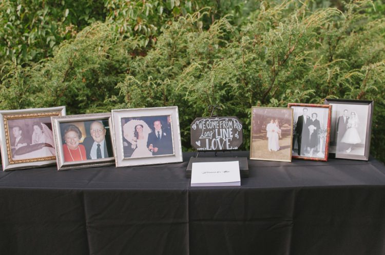 Outdoor Reception Vintage Family Photo Table Frames DIY Sign Trees Romantic Fresh Outdoor Wedding Ontario http://www.rebeccabose.com/