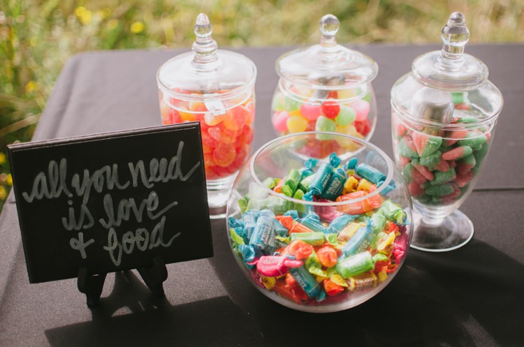 Outdoor Reception Lolly Dessert Table Glass Jars DIY Sign Romantic Fresh Outdoor Wedding Ontario http://www.rebeccabose.com/