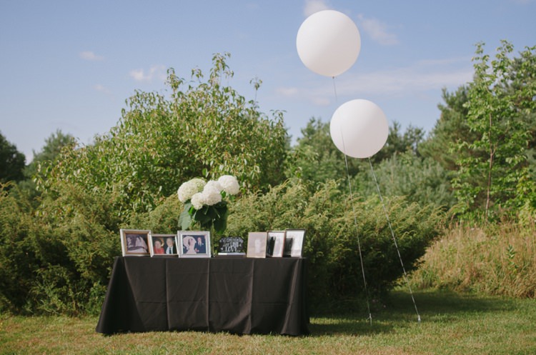 Outdoor Reception Vintage Family Photo Table White Hydrangea Glass Vase Large Balloons Trees Grass Romantic Fresh Outdoor Wedding Ontario http://www.rebeccabose.com/