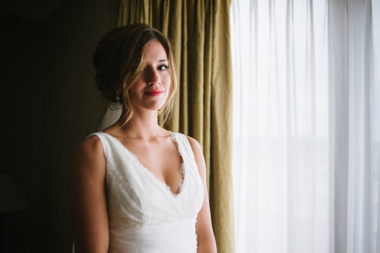 Bride Lace V Neck Bridal Gown Veil Red Lipstick Romantic Fresh Outdoor Wedding Ontario http://www.rebeccabose.com/