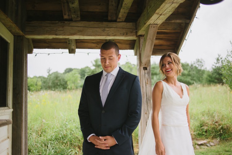 Bride Groom First Look Outside Rustic Wooden Hut Trees Grass Romantic Fresh Outdoor Wedding Ontario http://www.rebeccabose.com/