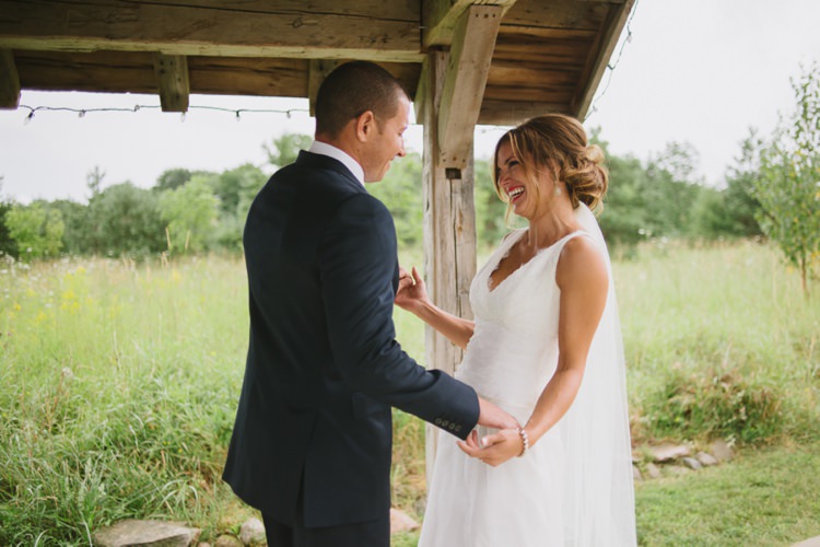 Bride Groom First Look Outside Rustic Wooden Hut Trees Grass Romantic Fresh Outdoor Wedding Ontario http://www.rebeccabose.com/