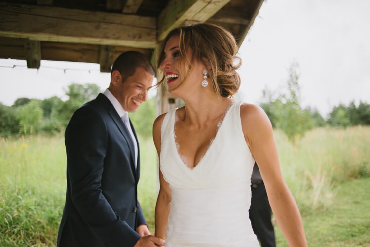 Bride Groom First Look Outside Rustic Wooden Hut Trees Grass Romantic Fresh Outdoor Wedding Ontario http://www.rebeccabose.com/
