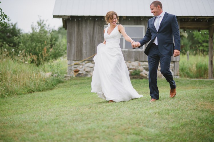 Bride Lace V Neck Bridal Gown Veil Groom Navy Suit Light Blue Tie Tan Shoes Rustic Wooden Hut Grass Greenery Romantic Fresh Outdoor Wedding Ontario http://www.rebeccabose.com/