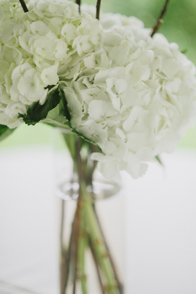 White Hydrangeas Glass Vase Florals Romantic Fresh Outdoor Wedding Ontario http://www.rebeccabose.com/