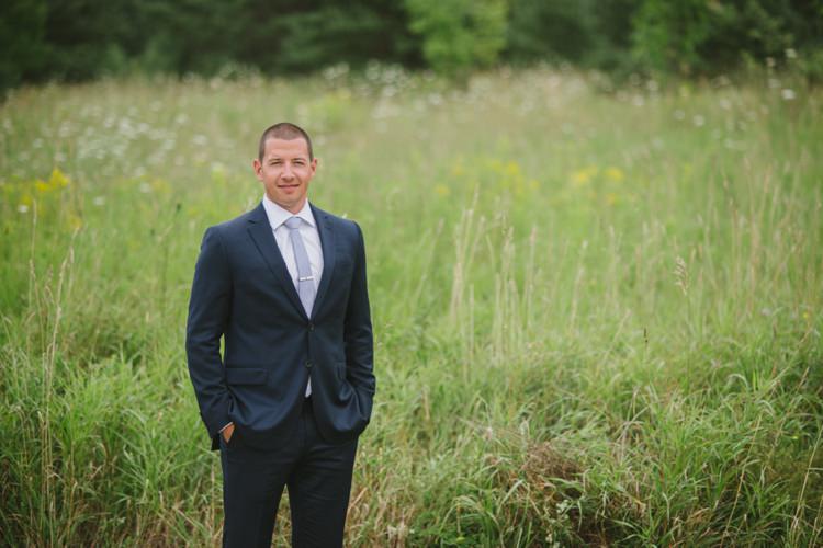Groom Navy Suit Light Blue Tie Style Grass Yellow Flowers Romantic Fresh Outdoor Wedding Ontario http://www.rebeccabose.com/