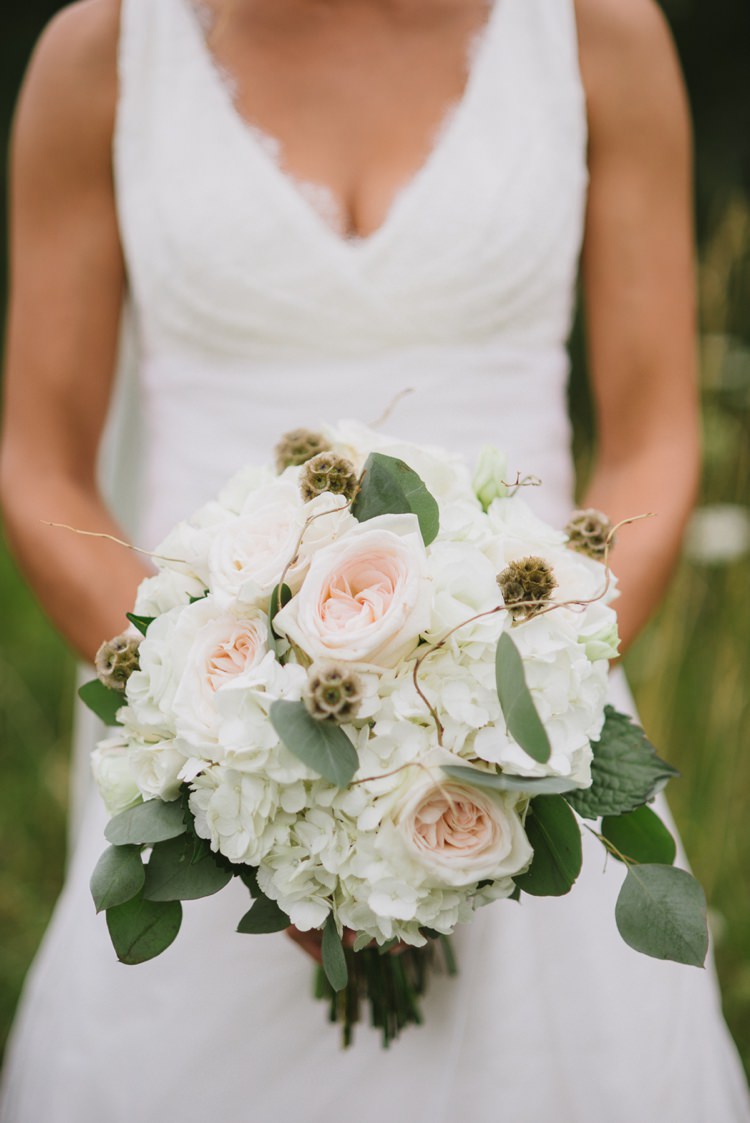 Bride Lace V Neck Bridal Gown Bouquet Pale Pink White Green Hydrangea Roses Romantic Fresh Outdoor Wedding Ontario http://www.rebeccabose.com/