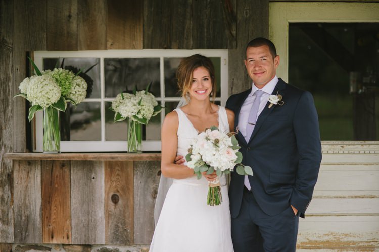 Bride V Neck Lace Bridal Gown Veil Bouquet Blush White Roses Hydrangeas Florals Groom Navy Suit Light Blue Tie Rustic Wooden Hut Romantic Fresh Outdoor Wedding Ontario http://www.rebeccabose.com/