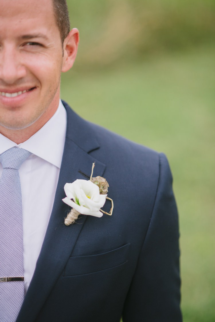 Groom Navy Suit Light Blue Tie White Floral Buttonhole Romantic Fresh Outdoor Wedding Ontario http://www.rebeccabose.com/