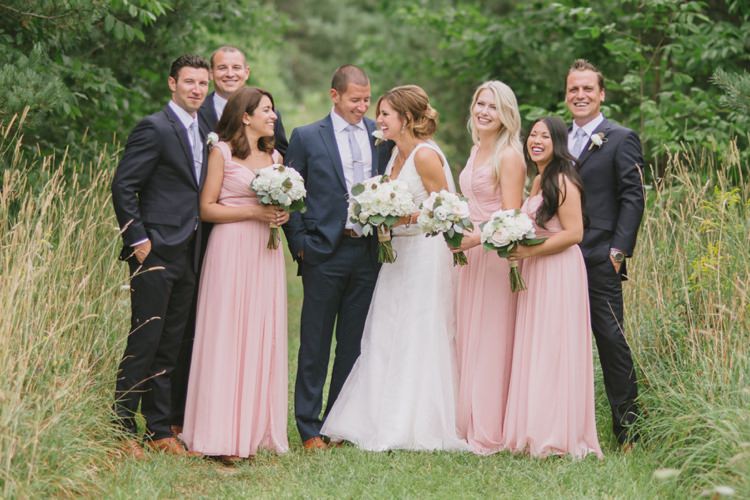 Bridal Party Bride Groom Groomsmen Bridesmaids Blush Navy Bouquets White Light Pink Roses Hydrangeas Grass Trees Romantic Fresh Outdoor Wedding Ontario http://www.rebeccabose.com/