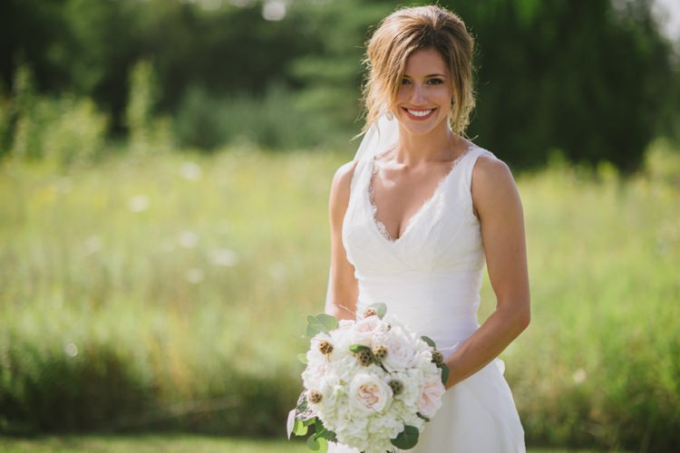 Bride Lace V Neck Bridal Gown Veil Bouquet Blush White Florals Hydrangeas Roses Greenery Grass Romantic Fresh Outdoor Wedding Ontario http://www.rebeccabose.com/
