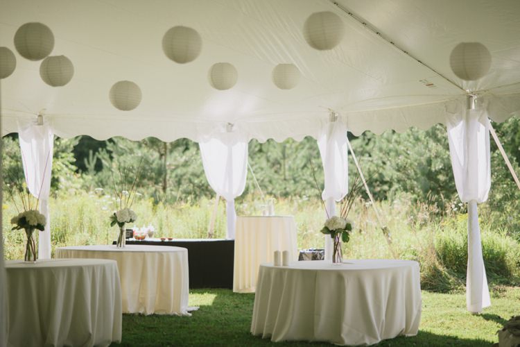 Outside Marquee Reception Hanging Lanterns White Hydrangeas Glass Vases Simple Décor Grass Trees Romantic Fresh Outdoor Wedding Ontario http://www.rebeccabose.com/