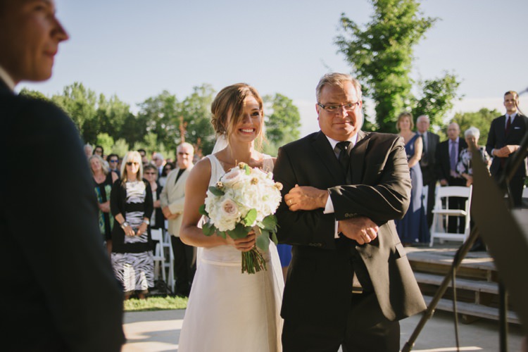 Outside Ceremony Bride Lace V Neck Bridal Gown Bouquet Father Guests Romantic Fresh Outdoor Wedding Ontario http://www.rebeccabose.com/