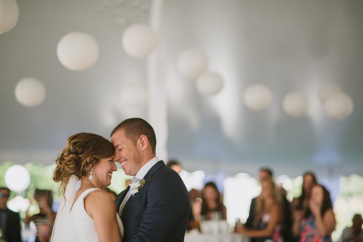 Outside Marquee Reception Bride Groom Dance White Hanging Lanterns Guests Romantic Fresh Outdoor Wedding Ontario http://www.rebeccabose.com/