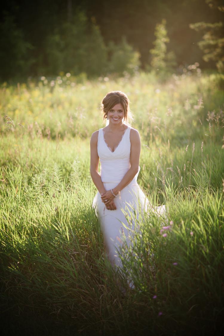 Bride Lace V Neck Lace Bridal Gown Veil Green Grass Trees Romantic Fresh Outdoor Wedding Ontario http://www.rebeccabose.com/