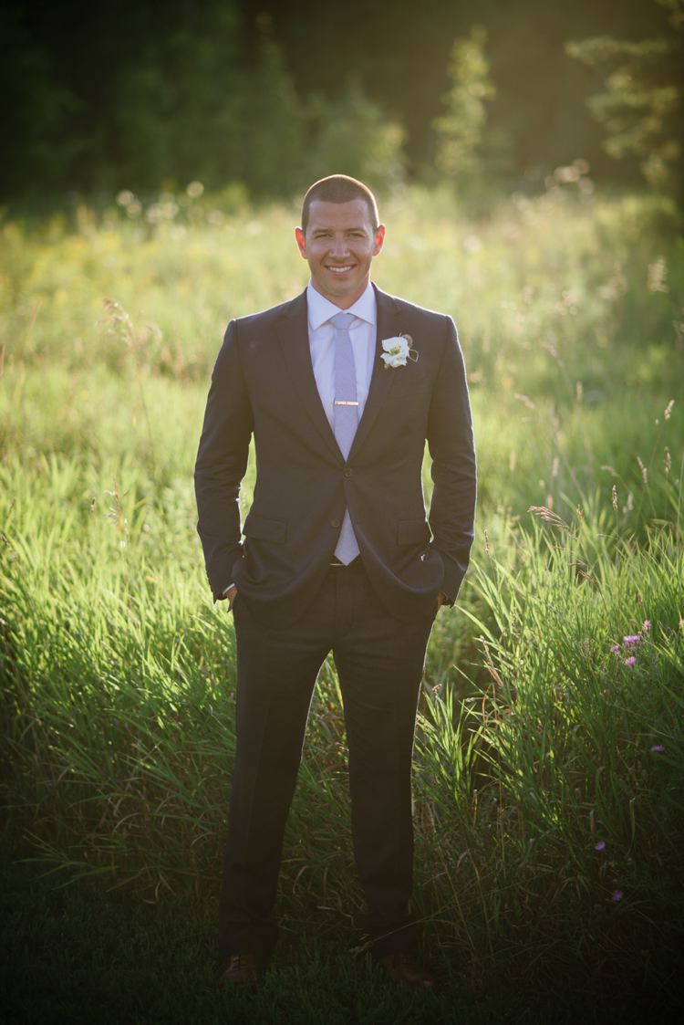 Groom Navy Suit Light Blue Tie White Floral Buttonhole Green Grass Trees Romantic Fresh Outdoor Wedding Ontario http://www.rebeccabose.com/