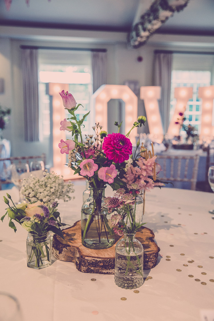 Flowers Jars Pink Dahlia Log Slice Table Decor Centrepiece Relaxed English Country Garden Party Wedding http://hayleybaxterphotography.com/