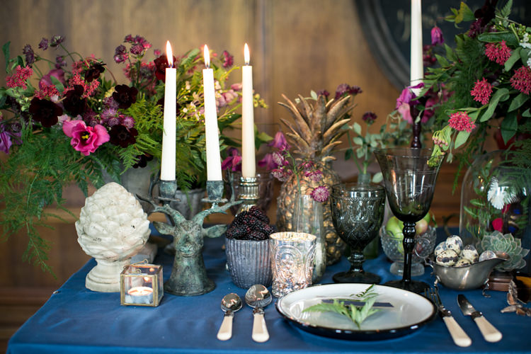 Flowers Table Decor Antique Berries Brown Green Cream Burgundy Candles Pineapple Wild Opulence Autumn Wedding Ideas http://www.storyweddingphotography.co.uk/
