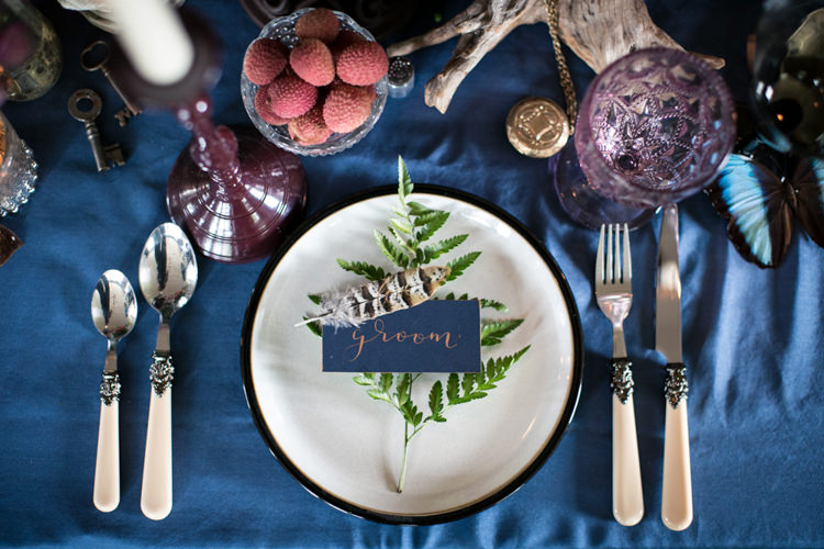 Feather Fern Place Setting Calligraphy Gold Blue Wild Opulence Autumn Wedding Ideas http://www.storyweddingphotography.co.uk/