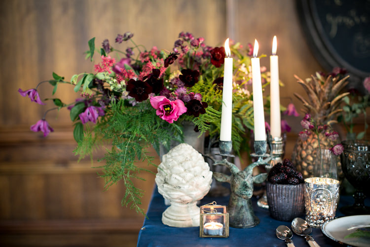 Flowers Table Decor Antique Berries Brown Green Cream Burgundy Cosmos Candles Snapdragons Zinnia Clematis Wild Opulence Autumn Wedding Ideas http://www.storyweddingphotography.co.uk/