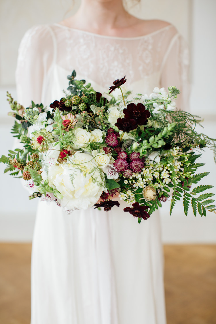 Bouquet Flowers Large Whimsical Bride Bridal Brown Green Cream Burgundy Cosmos, Snapdragons Zinnia Clematis Wild Opulence Autumn Wedding Ideas http://www.storyweddingphotography.co.uk/