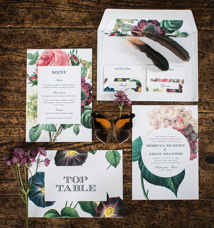 Floral Burgundy Red Green Floral Stationery Inviataions Feather Butterfly Wild Opulence Autumn Wedding Ideas http://www.storyweddingphotography.co.uk/