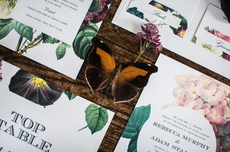Floral Burgundy Red Green Floral Stationery Inviataions Feather Butterfly Wild Opulence Autumn Wedding Ideas http://www.storyweddingphotography.co.uk/