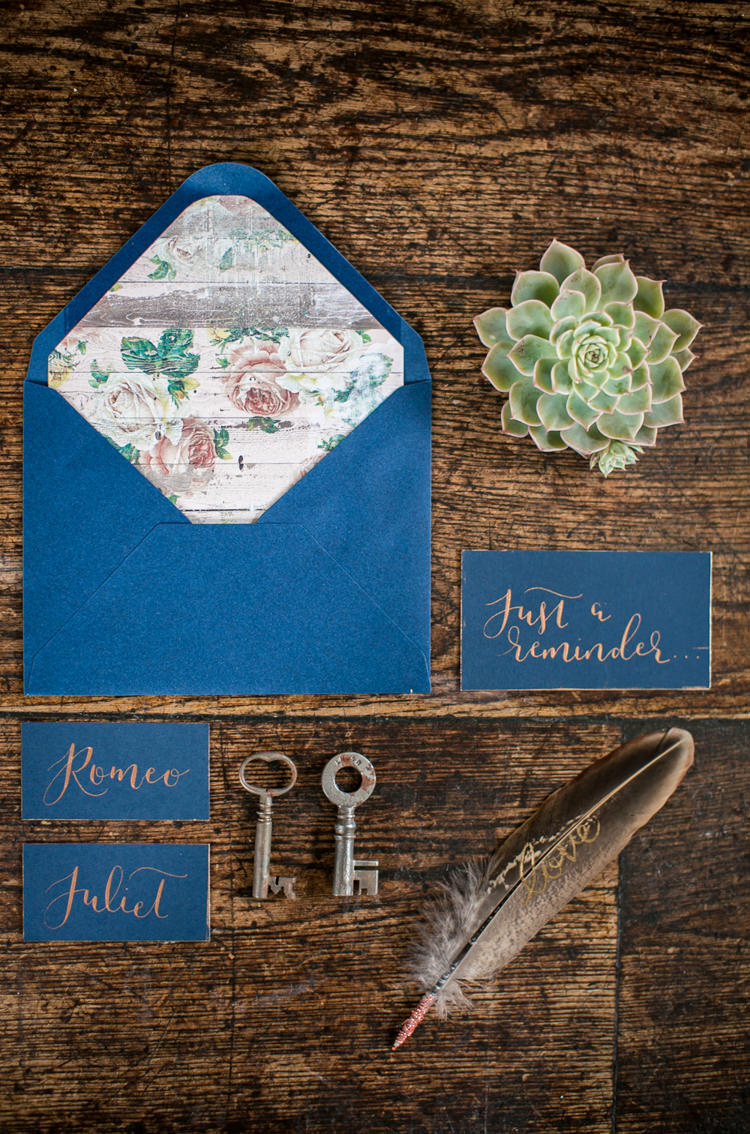 Blue Gold Stationery Calligraphy Feather Key Wild Opulence Autumn Wedding Ideas http://www.storyweddingphotography.co.uk/