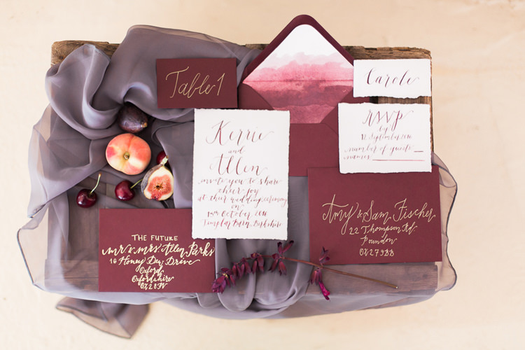 Red Burgundy Stationery Invitation Whimsical Calligraphy Gold Fine Art Bohemian Luxe Wedding Ideas http://jessicadaviesphotography.co.uk/