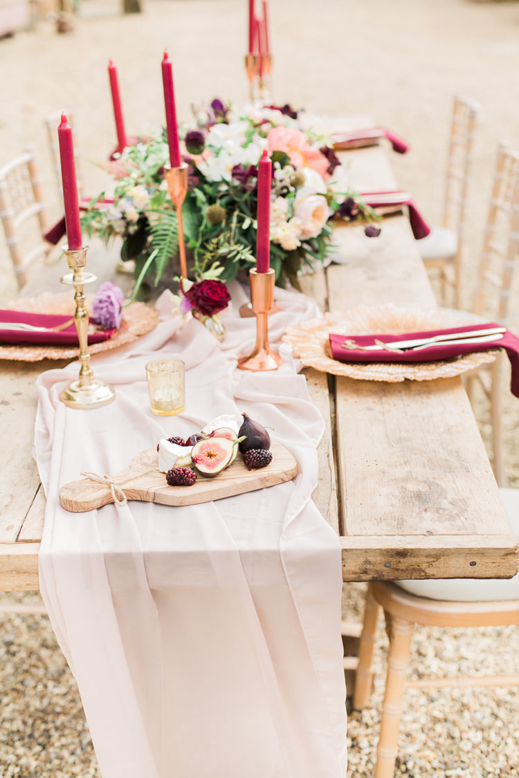 Copper Rustic Tables Candles Flowers Burgundy Fine Art Bohemian Luxe Wedding Ideas http://jessicadaviesphotography.co.uk/