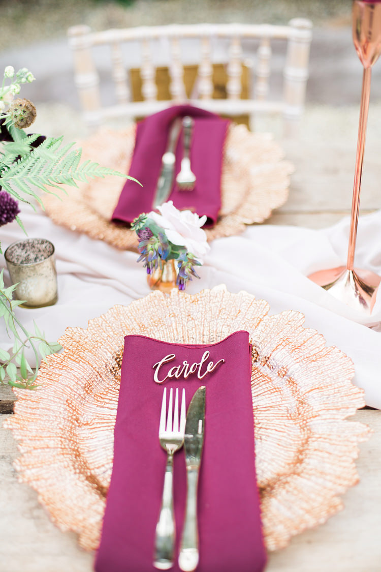 Placec Setting Names Gold Copper Rose Burgundy Decor Fine Art Bohemian Luxe Wedding Ideas http://jessicadaviesphotography.co.uk/