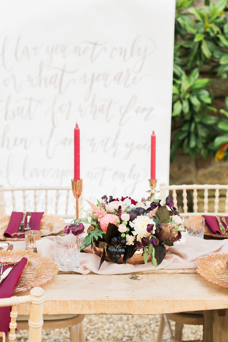 Whimsical Flowers Decor Centrepeice Masala Burgundy Gold Fine Art Bohemian Luxe Wedding Ideas http://jessicadaviesphotography.co.uk/