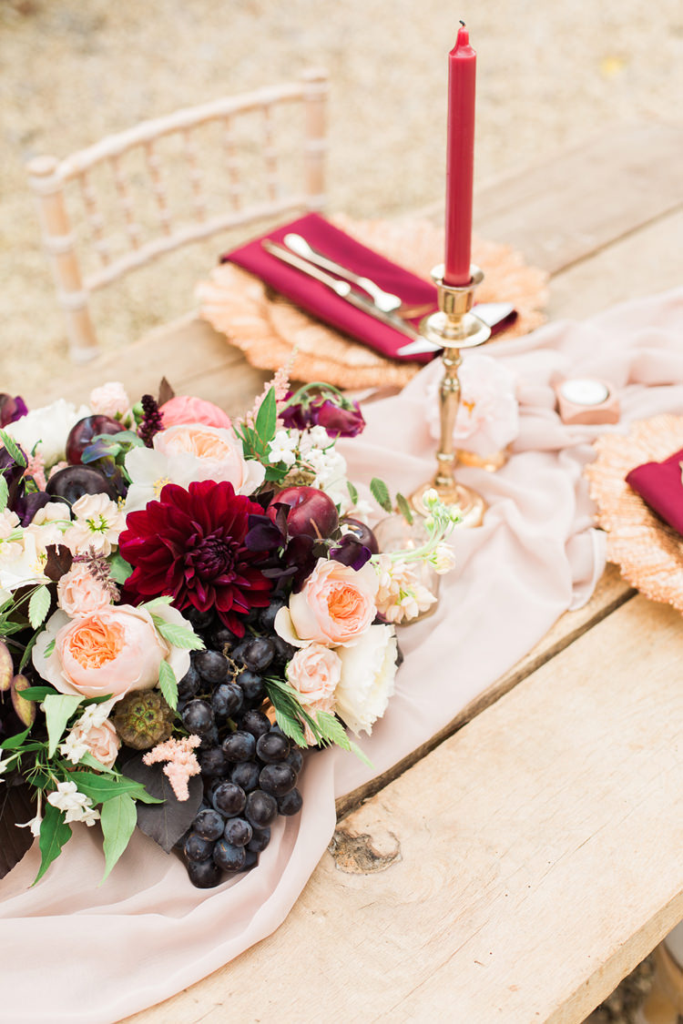 Peach Blush Masala Burgundy Flowers Centrepiece Berries Fine Art Bohemian Luxe Wedding Ideas http://jessicadaviesphotography.co.uk/