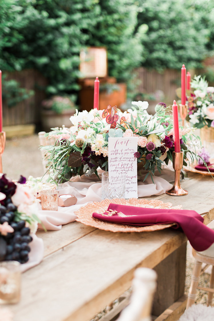Flowers Candles Decor Table Copper Gold Burgundy Masala Peach Fine Art Bohemian Luxe Wedding Ideas http://jessicadaviesphotography.co.uk/