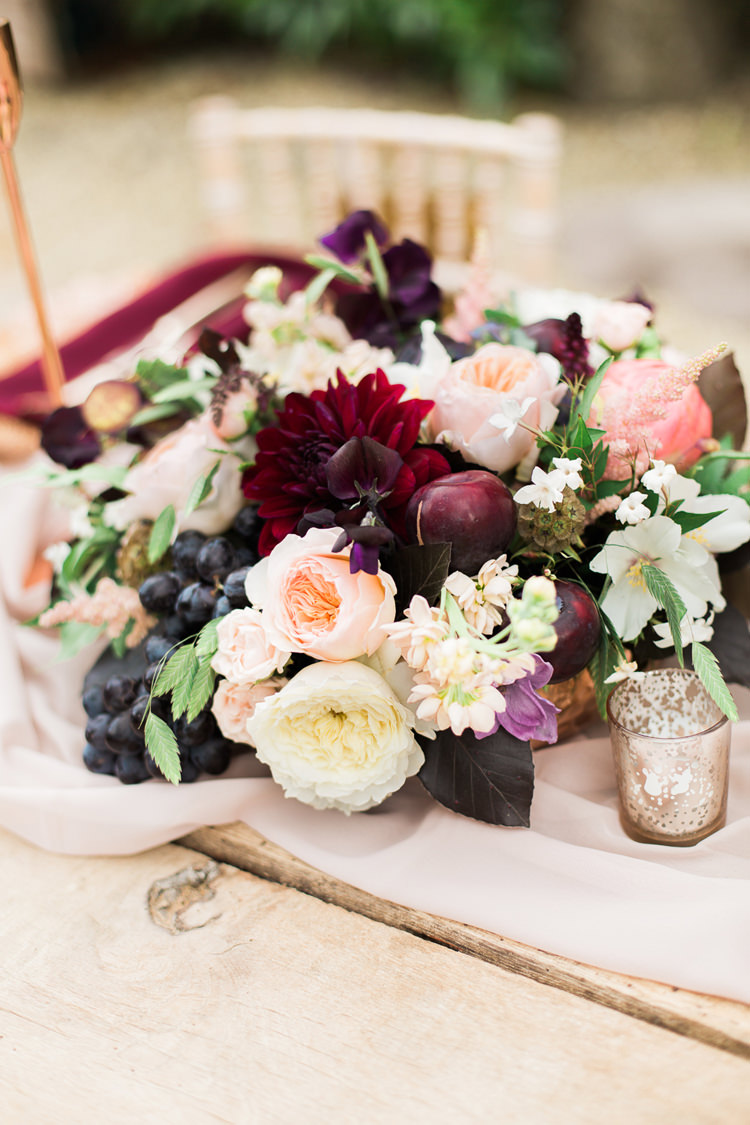 Flowers Centrepiece Decor Masala Burgundy Blush Rose Dahlia Fine Art Bohemian Luxe Wedding Ideas http://jessicadaviesphotography.co.uk/