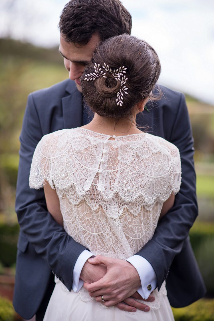 Hair Bride Bridal Cape Dress Embellised Gown Back Stylish Floral Barn Wedding http://www.sarareeve.com/
