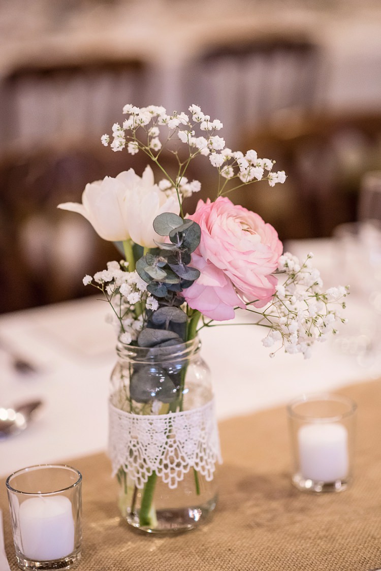 Lace Jar Flowers Hessian Burlap Decor Centrepiece Stylish Floral Barn Wedding http://www.sarareeve.com/