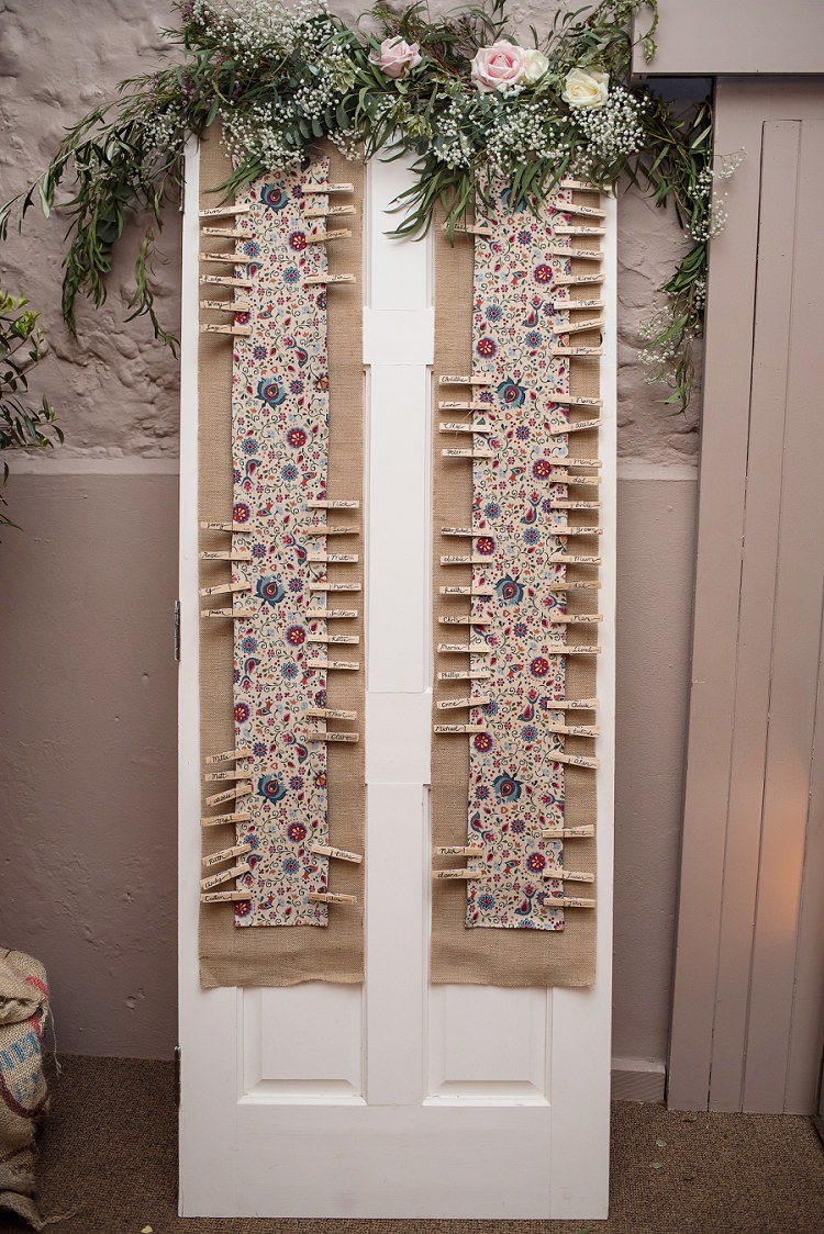 Peg Seating Plan Fabric Greenery Foliage Table Chart Door Stylish Floral Barn Wedding http://www.sarareeve.com/