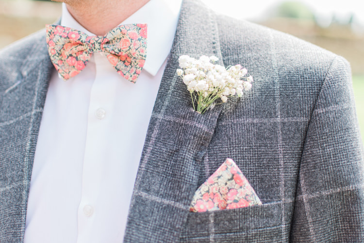 Floral Bow Tie Pocket Square Gypsophila Buttonhole Fresh Pink Barn Wedding http://www.charlotteleysphotography.co.uk/