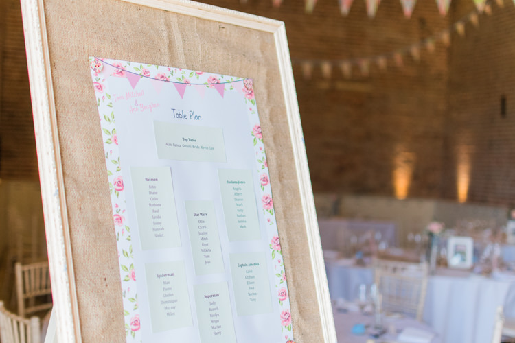 Table Plan Seating Chart Hessian Flowers Fresh Pink Barn Wedding http://www.charlotteleysphotography.co.uk/
